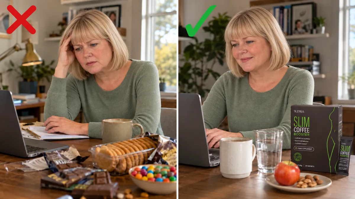 Before and after: woman surrounded by snacks at her desk versus calm with coffee, an apple and Slimqa Slim Coffee Booster