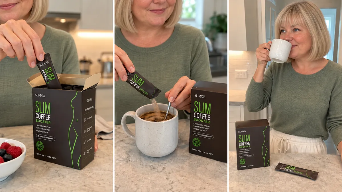 Three steps: taking a coffee booster sachet, stirring it into coffee and enjoying the cup